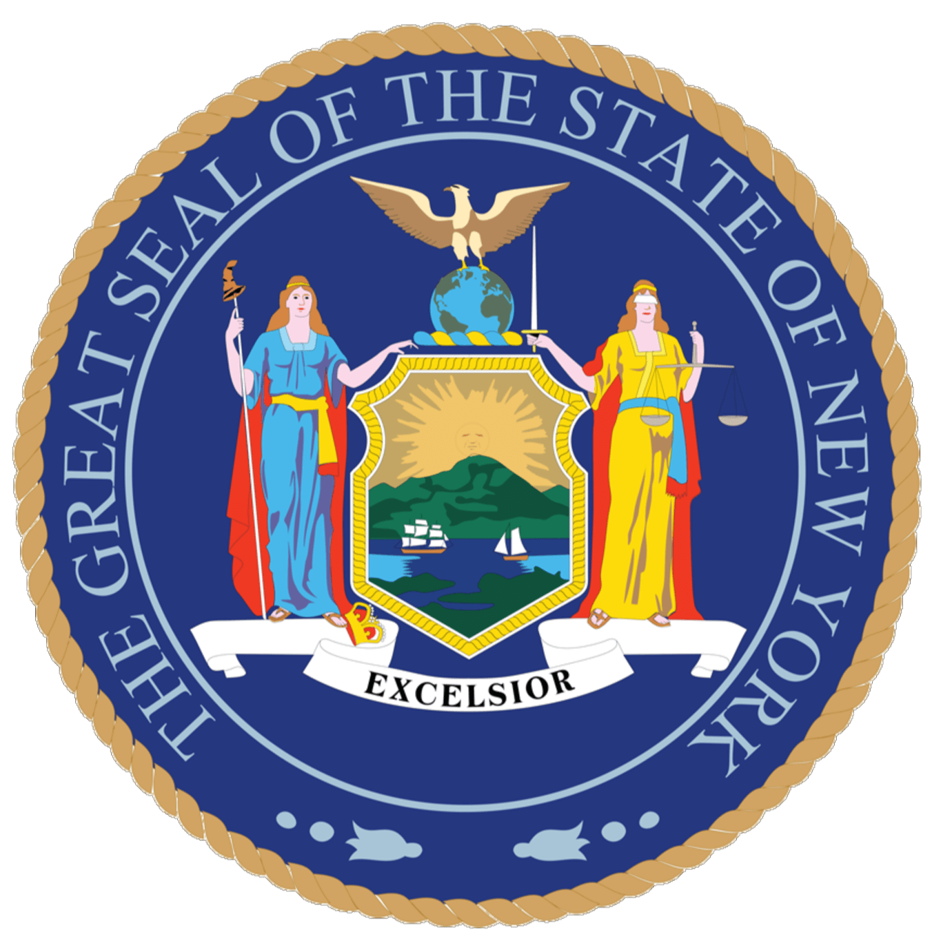 The Great Seal of the State of New York. Excelsior. Illustration of two women holding shield with boats in water in front of mountains and large bird sitting on top of a globe.